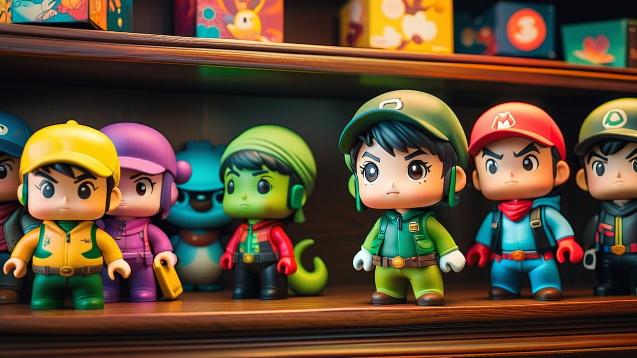  a vibrant display of rare anime figurines on a wooden shelf, spotlighted under soft lighting, showcasing intricate details and dynamic poses, surrounded by collectible boxes and a backdrop of colorful artwork. hyperrealistic, full body, detailed clothing, highly detailed, cinematic lighting, stunningly beautiful, intricate, sharp focus, f/1. 8, 85mm, (centered image composition), (professionally color graded), ((bright soft diffused light)), volumetric fog, trending on instagram, trending on tumblr, HDR 4K, 8K