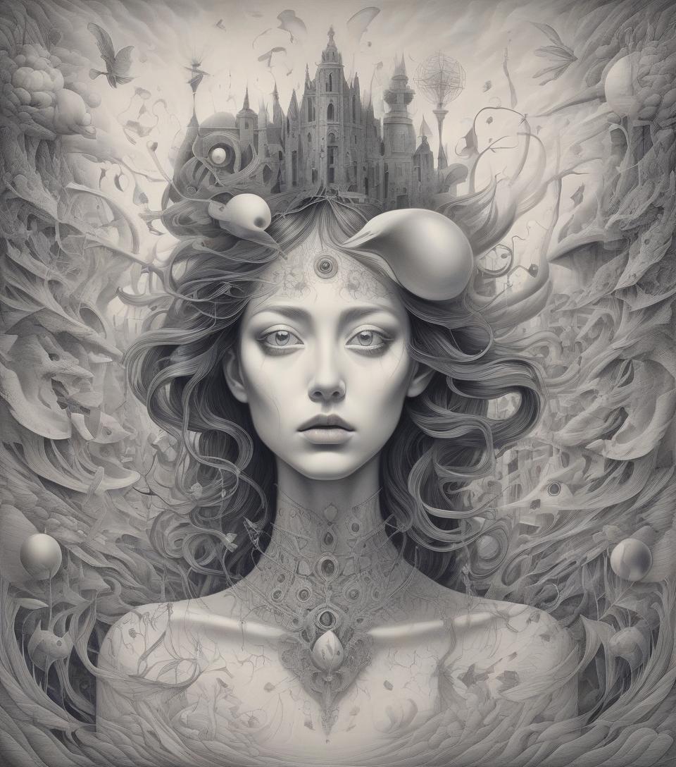  surrealist art portrait drawing style . dreamlike, mysterious, provocative, symbolic, intricate, detailed