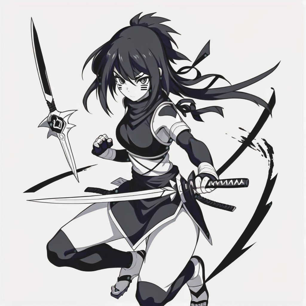  line art drawing konoha ninja girl, with kunai, battle stance, same nightmare. anime style . professional, sleek, modern, minimalist, graphic, line art, vector graphics