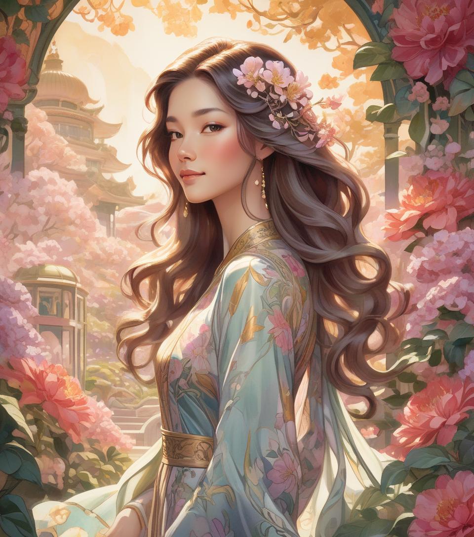  oriental woman sporting a subtle smile amidst an opulent flower garden, imperial hues enveloping the art nouveau inspired floral backdrop, crowned regally, radiant backlighting highlighting her flowing hair, radiant, mythical allure transcending existence, watercolor aesthetic, greg rutkowski's touch, trending on artstation, razor sharp focus, studio setting, elaborate intricacies, volumetric