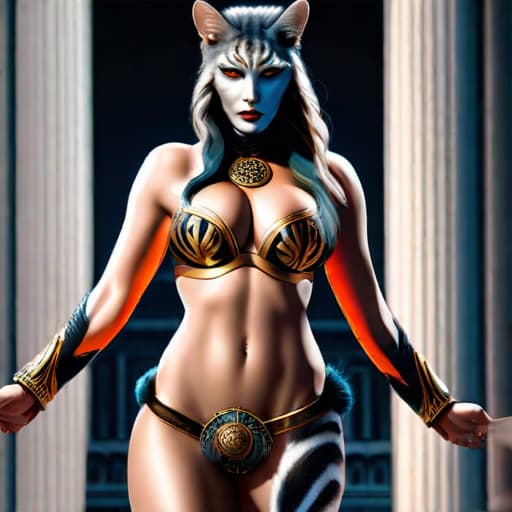  goddess of chaos eris with black tiger hyperrealistic, full body, detailed clothing, highly detailed, cinematic lighting, stunningly beautiful, intricate, sharp focus, f/1. 8, 85mm, (centered image composition), (professionally color graded), ((bright soft diffused light)), volumetric fog, trending on instagram, trending on tumblr, HDR 4K, 8K