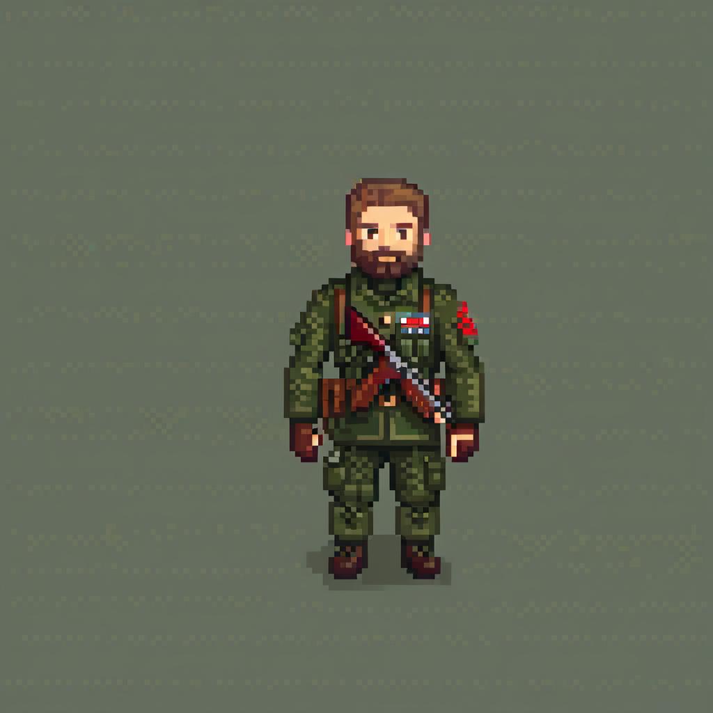  pixel art russian soldier games icon . low res, blocky, pixel art style, 8 bit graphics hyperrealistic, full body, detailed clothing, highly detailed, cinematic lighting, stunningly beautiful, intricate, sharp focus, f/1. 8, 85mm, (centered image composition), (professionally color graded), ((bright soft diffused light)), volumetric fog, trending on instagram, trending on tumblr, HDR 4K, 8K