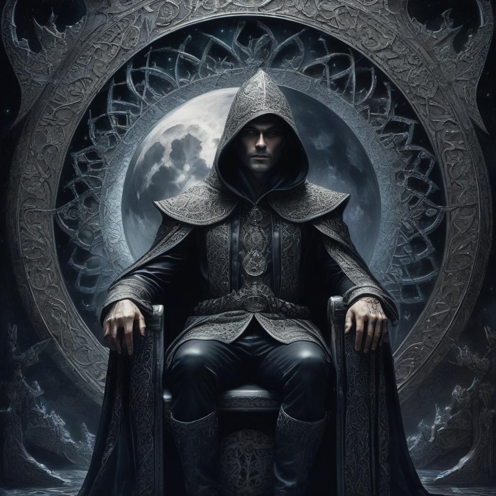  judge on the throne. black dungeon. a man in a cloak and hood. the man in the grotto. judge on the throne. black dungeon. moon. moonlight. big moon. silver rays. stylistics: intricate zentangle patterns in the manner of karol bak, rahaf dk albab, andrew jones. bright colors. high quality and detail. hdr. masterpiece. double exposure.