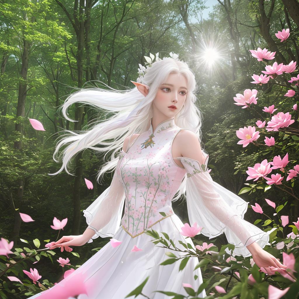  masterpiece, best quality, (masterpiece, best quality, high quality, highres, ultra-detailed), realistic,1 , the greater, (side id:1.1), long hair,((white hair)), leaf hair ornament, elf, green eyes, pale skin, bare shoulders, jewelry, white long dress, (detached sleeves:1.1), celet, (looking away:1.2), (hair floating:1.3), from side, (in forest:1.3), (pink flowers:1.1), (falling petals:1.1), (lens flare from right:1.2), 