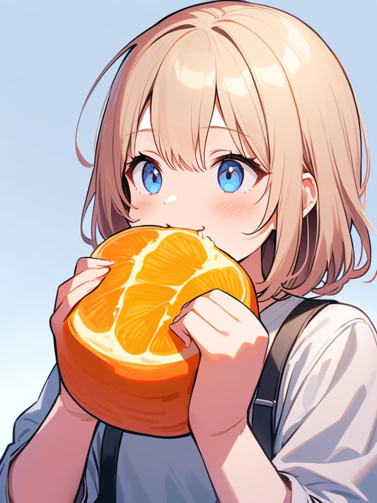  (eating orange🍊:1.5)masterpiece,((eating orange:1.2))solo,(blue eyes:1.5)),simple background,shirt,alone,long sleeve,original,((holding peeled orange:2.0)),sitting,blond hair,white shirt,male focus,food,grey background,eating,foodholding,orange,(upper body only:1.2),high quality,8k,super analysis