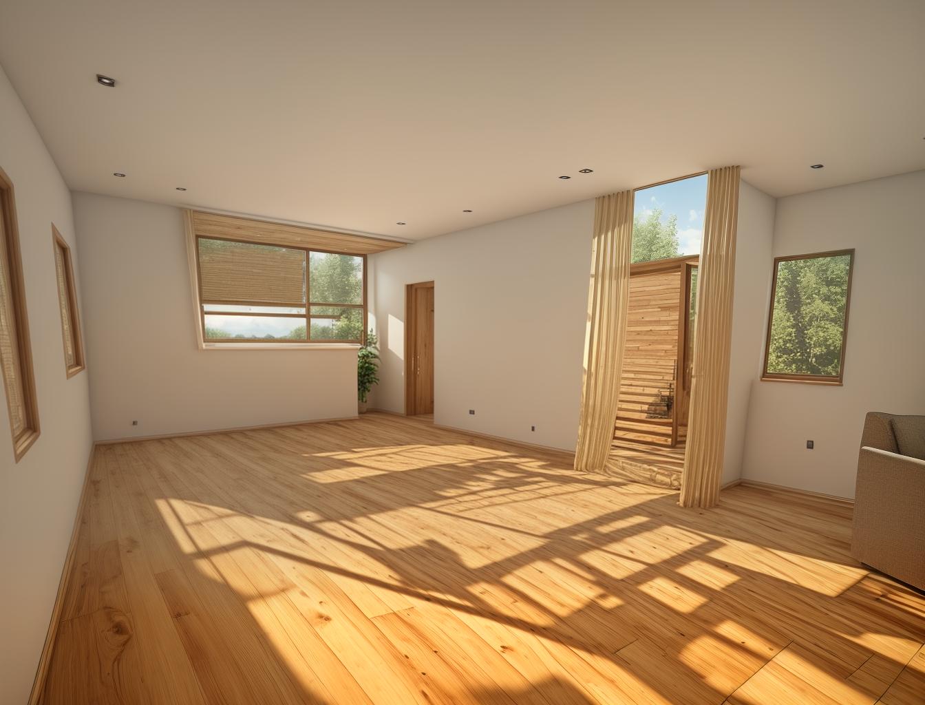  create a photorealistic rendering of a living room with a wooden floor, featuring a modern sofa placed near a large window. the room should feel cozy and inviting, with natural light streaming in from the window onto the warm wooden flooring.