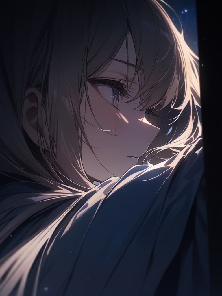  looking up from the window, the hair is long, the color of the hair is blonde, the sky is in the sky, the star is visible, looking up at the night sky, a slightly sad expression, masterpiece, best quality,8k,ultra detailed,high resolution,an extremely delicate and beautiful,hyper detail