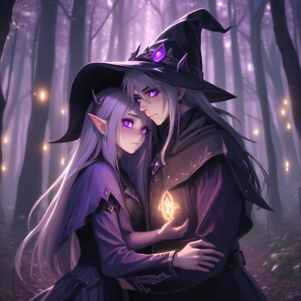  a slender tall elf hugs a beautiful witch girl in a black hat with purple eyes, 4k, in a magical forest with flashlights