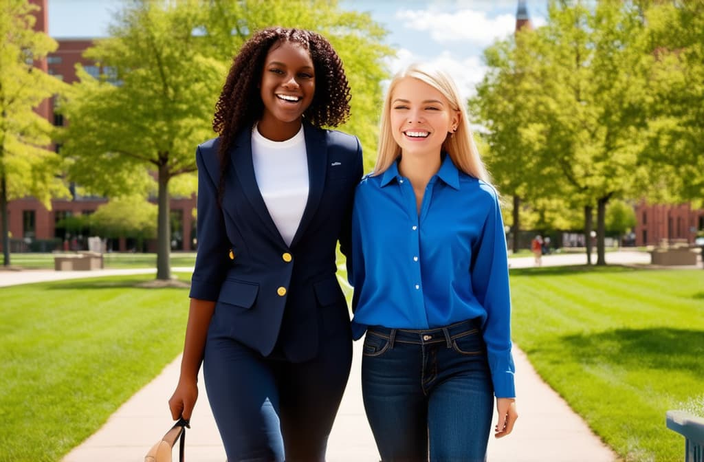  dark curly haired student girl with african american friend and girl, blonde hairfriend smiling and walking near university campus ar 3:2 {prompt}, maximum details