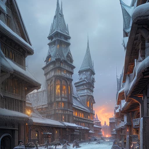 dvarchmodern skyrim style city, snow, architecture using gray stone and wood., magic, dragons, elves, castles, by donato giancola, ruan jia, kekai kotaki, magali villeneuve, even mehl amundsen