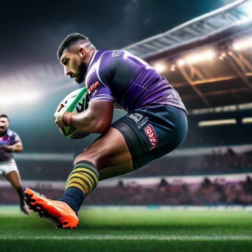  An ultra high resolution side-on view photograph of a professional Melbourne Storm rugby league player with realistic face, realistic eyes, realistic skin, best quality, with a rugby ball in his hands diving to the ground to score a try, during a rugby league match hyperrealistic, full body, detailed clothing, highly detailed, cinematic lighting, stunningly beautiful, intricate, sharp focus, f/1. 8, 85mm, (centered image composition), (professionally color graded), ((bright soft diffused light)), volumetric fog, trending on instagram, trending on tumblr, HDR 4K, 8K