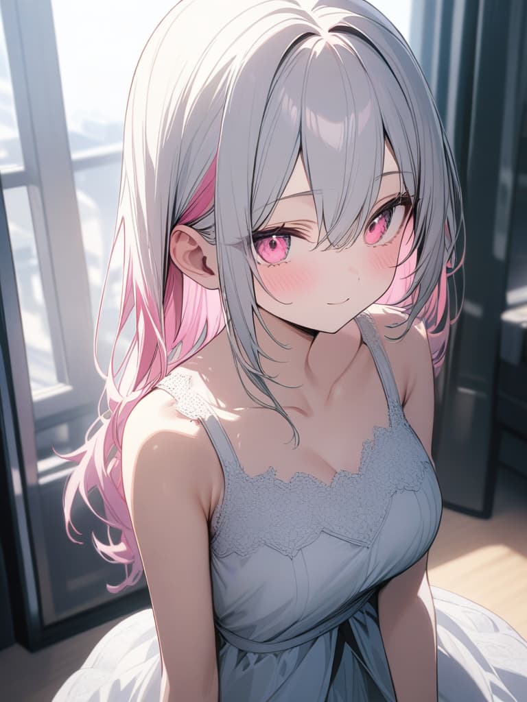  girls, white hair, pink, pink gradation hair color, cute face, pink eye, dress, straight hair, thin body, collarbone, masterpiece, best quality,8k,ultra detailed,high resolution,an extremely delicate and beautiful,hyper detail