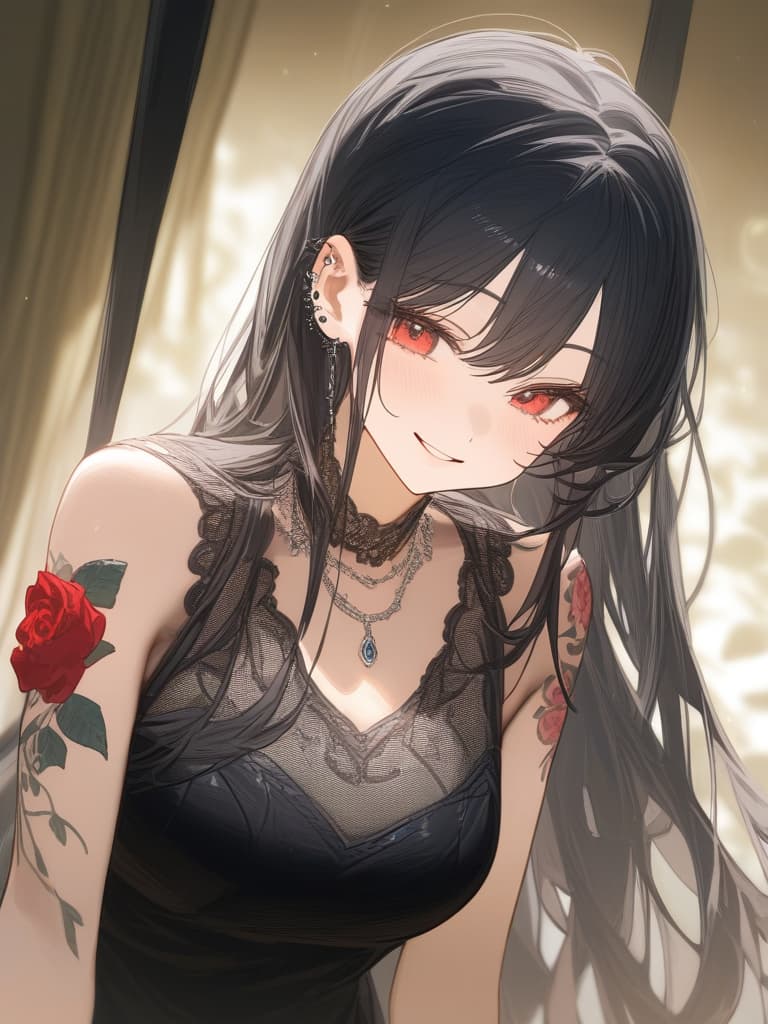  long hair, black hair, hair tips are pink, red eyes, hanging, bangs, and length of bangs, smiles, adults, adult faces, piercings, necklaces, black lace clothes, red rose tattou on arms in contained, thin makeup, rose tattoo on the arm, pink and black hair, masterpiece, best quality,8k,ultra detailed,high resolution,an extremely delicate and beautiful,hyper detail