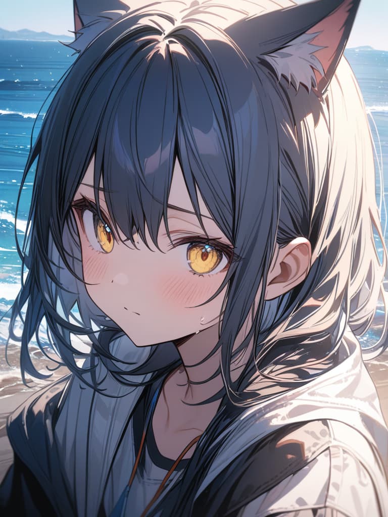  ☆, two sad girls, the eyes are light blue, cat ears, sea, hair are yellow, masterpiece, best quality,8k,ultra detailed,high resolution,an extremely delicate and beautiful,hyper detail