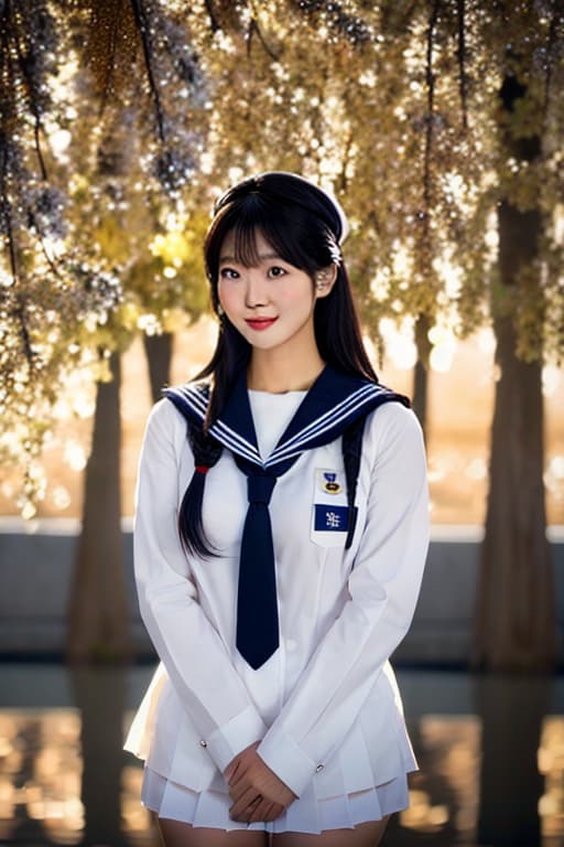  A Japanese high school girl wearing a sailor uniform hyperrealistic, full body, detailed clothing, highly detailed, cinematic lighting, stunningly beautiful, intricate, sharp focus, f/1. 8, 85mm, (centered image composition), (professionally color graded), ((bright soft diffused light)), volumetric fog, trending on instagram, trending on tumblr, HDR 4K, 8K