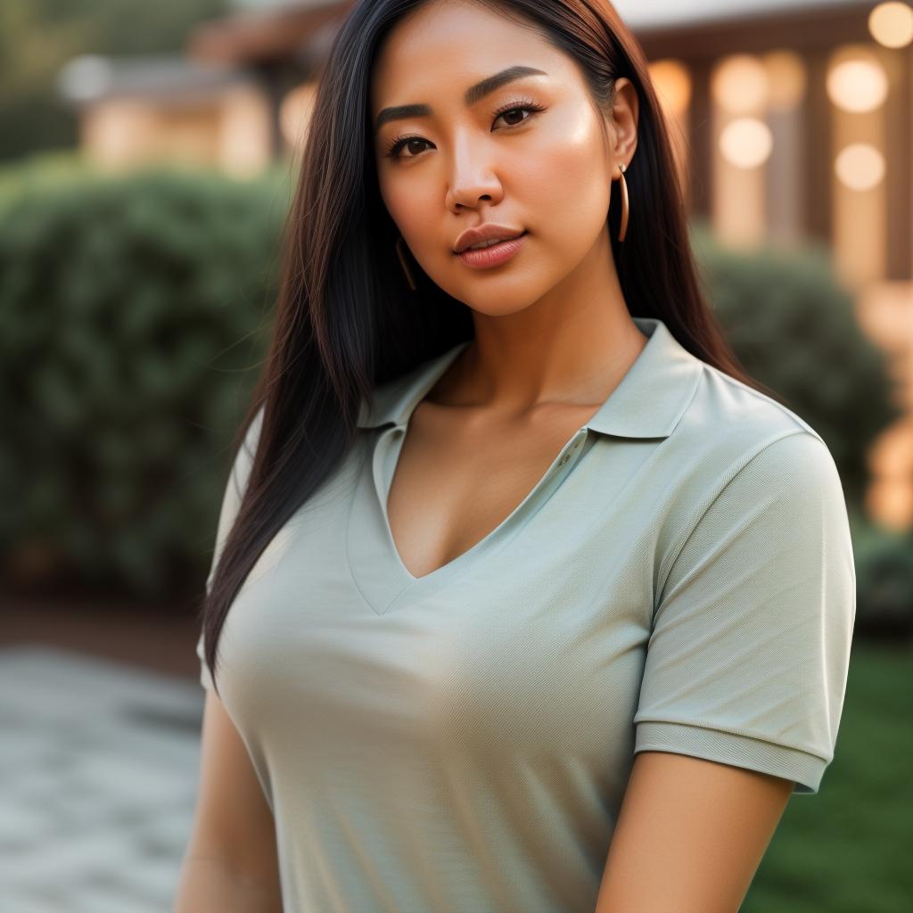  (((realistic full torso frontal head shot of a light tan skin tone woman))), jin a jung eun kim, ((korean heritage)), immature face, green eye color, ((straight hair style)), ((black hair color)), ((curvy body type)), medium size, small size, (immature broad rounded nose), (immature high cheekbones), (immature smooth jawline), (immature medium lips), (immature wide forehead), (immature even eyebrows), (immature pointed chin), standing straight looking directly into the camera,((wearing fitted polo shirt with deep v neck and monogrammed pocket)), backyard in background, 1girl, best quality, highest quality, award winning photo, masterpiece, raw, professional photography, photorealism, sharp focus, cinematic, high resolution, hyperrealistic, full body, detailed clothing, highly detailed, cinematic lighting, stunningly beautiful, intricate, sharp focus, f/1. 8, 85mm, (centered image composition), (professionally color graded), ((bright soft diffused light)), volumetric fog, trending on instagram, trending on tumblr, HDR 4K, 8K