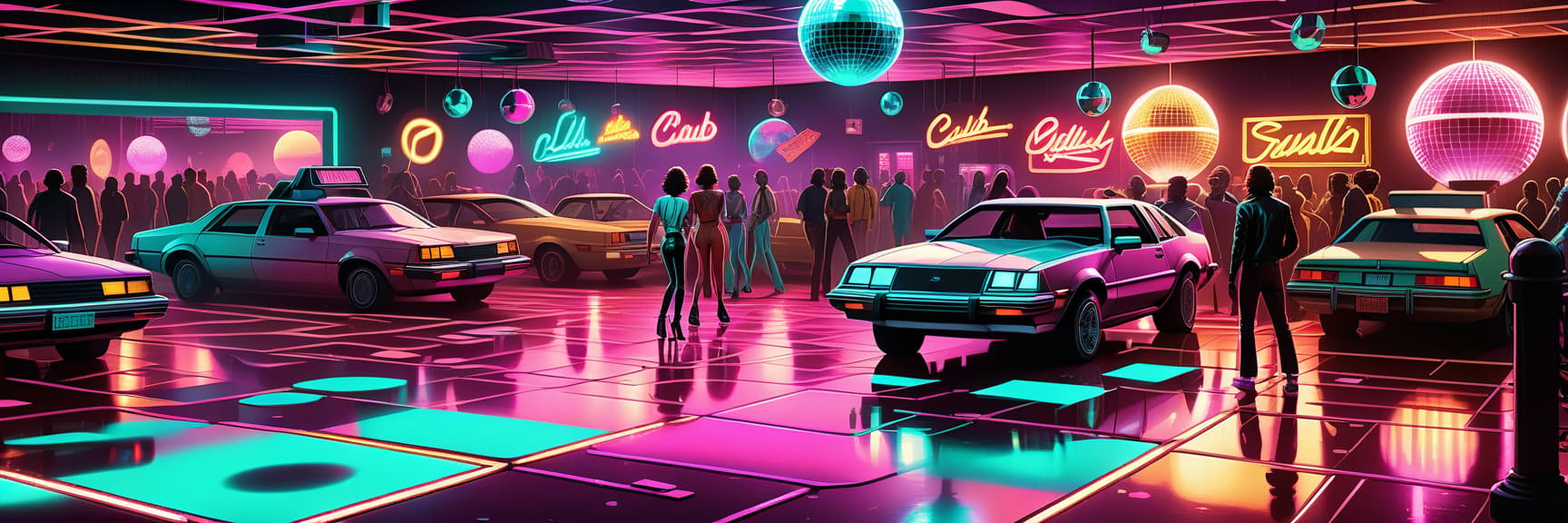  disco themed disco club in the eighties with neon signage, neon, cyberpunk, at night, with cars near the club, and people, 4k, 3d, real people . vibrant, groovy, retro 70s style, shiny disco balls, neon lights, dance floor, highly detailed, t shirt design