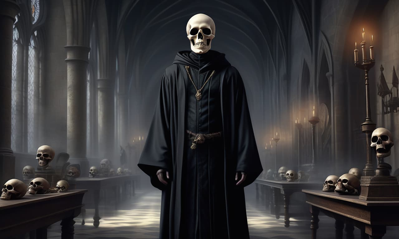  concept art hogwarts, young aristocrat, magical black robe, skull mask . digital artwork, illustrative, painterly, matte painting, highly detailed