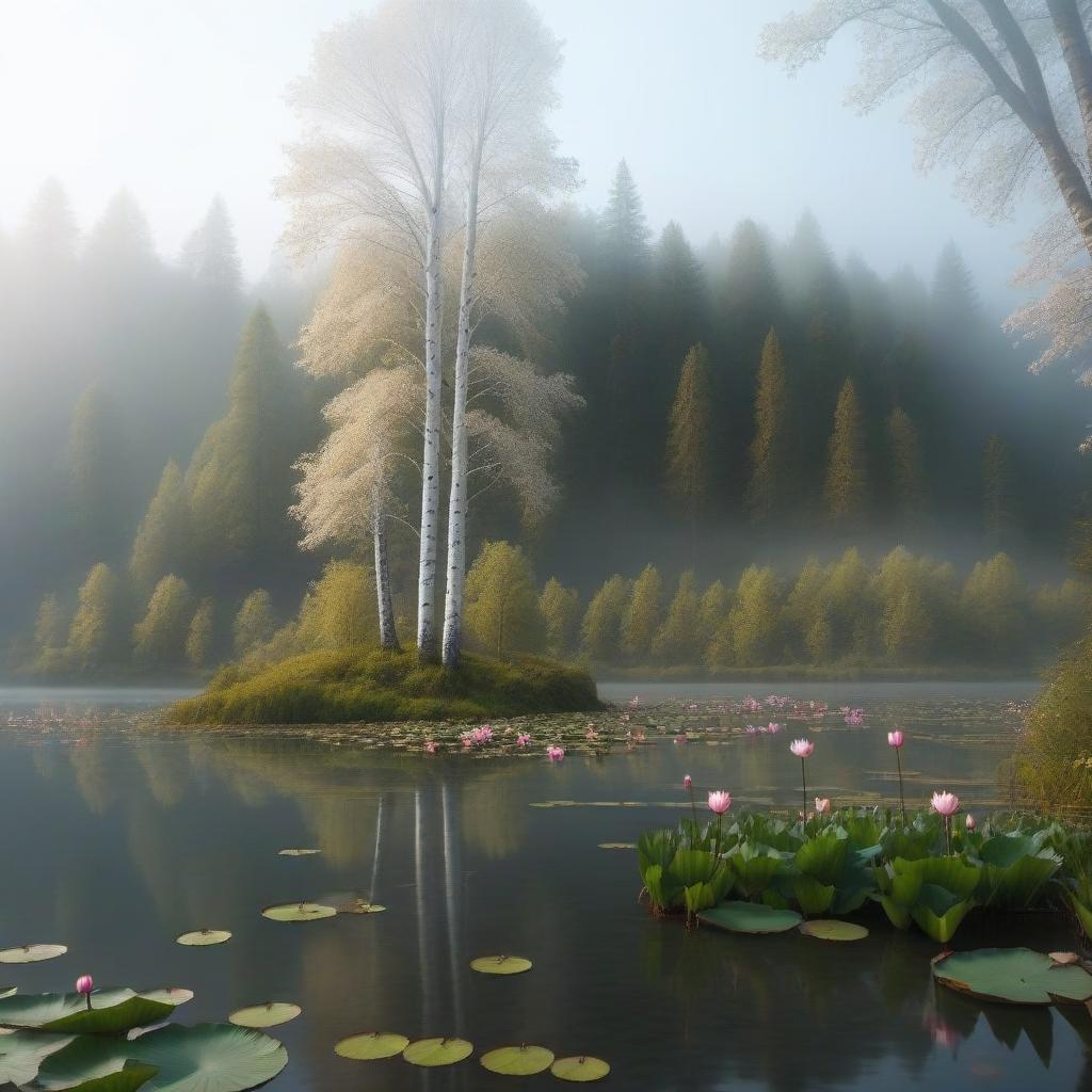  Lake Birch trees on the shore Lotuses hyperrealistic, full body, detailed clothing, highly detailed, cinematic lighting, stunningly beautiful, intricate, sharp focus, f/1. 8, 85mm, (centered image composition), (professionally color graded), ((bright soft diffused light)), volumetric fog, trending on instagram, trending on tumblr, HDR 4K, 8K