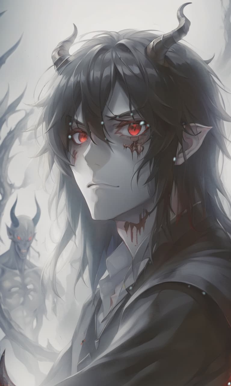  anime artwork man demon, white skin, blood red eyes, black hair, white horns, black clothes . anime style, key visual, vibrant, studio anime, highly detailed