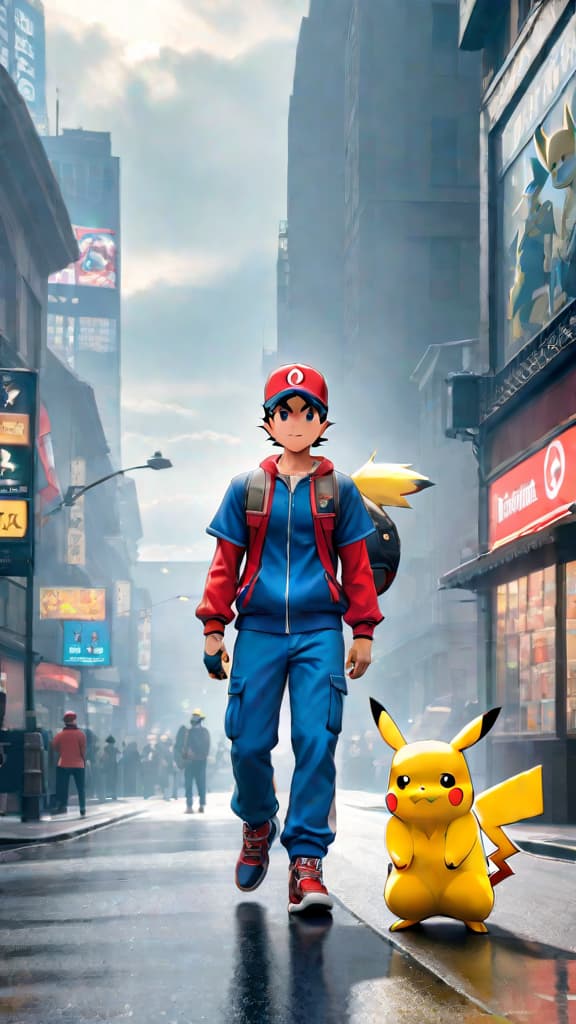  ash ketchum and pikachu standing side by side, triumphant, from pokémon, in anime art hyperrealistic, full body, detailed clothing, highly detailed, cinematic lighting, stunningly beautiful, intricate, sharp focus, f/1. 8, 85mm, (centered image composition), (professionally color graded), ((bright soft diffused light)), volumetric fog, trending on instagram, trending on tumblr, HDR 4K, 8K