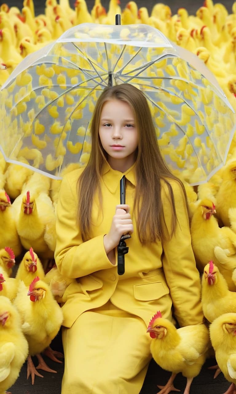  the girl covered with an umbrella of yellow chickens