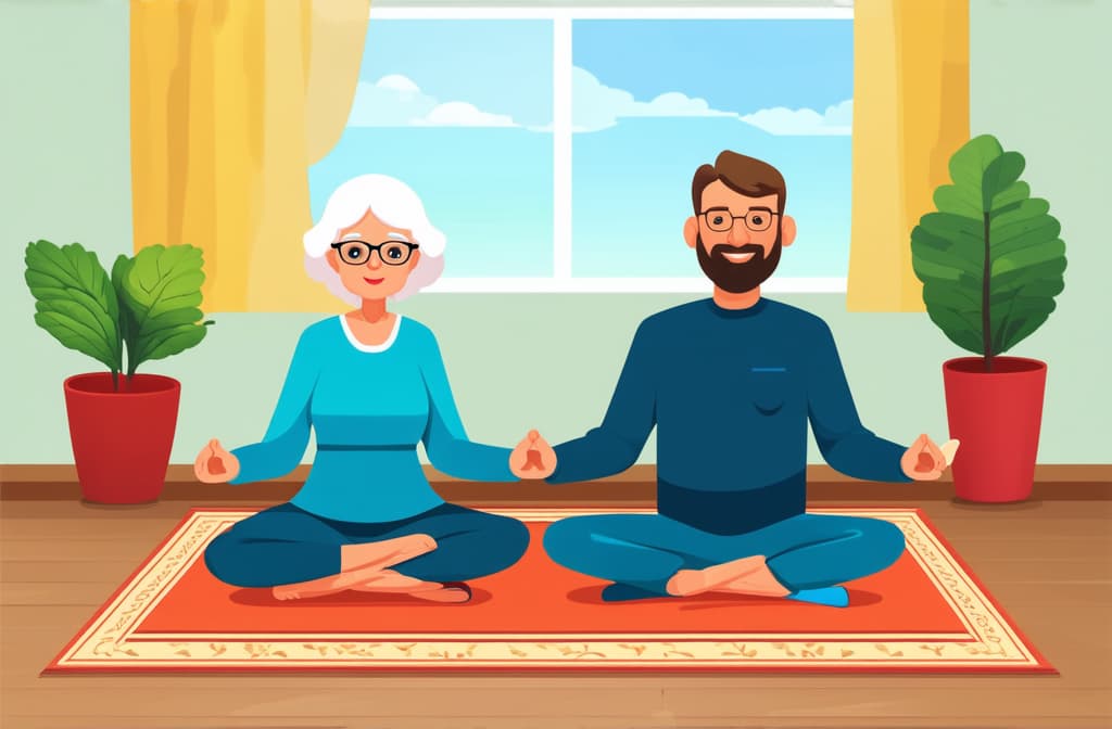  cute old lady and man sitting on the rug and meditating. style flat illustration ar 3:2 {prompt}, maximum details