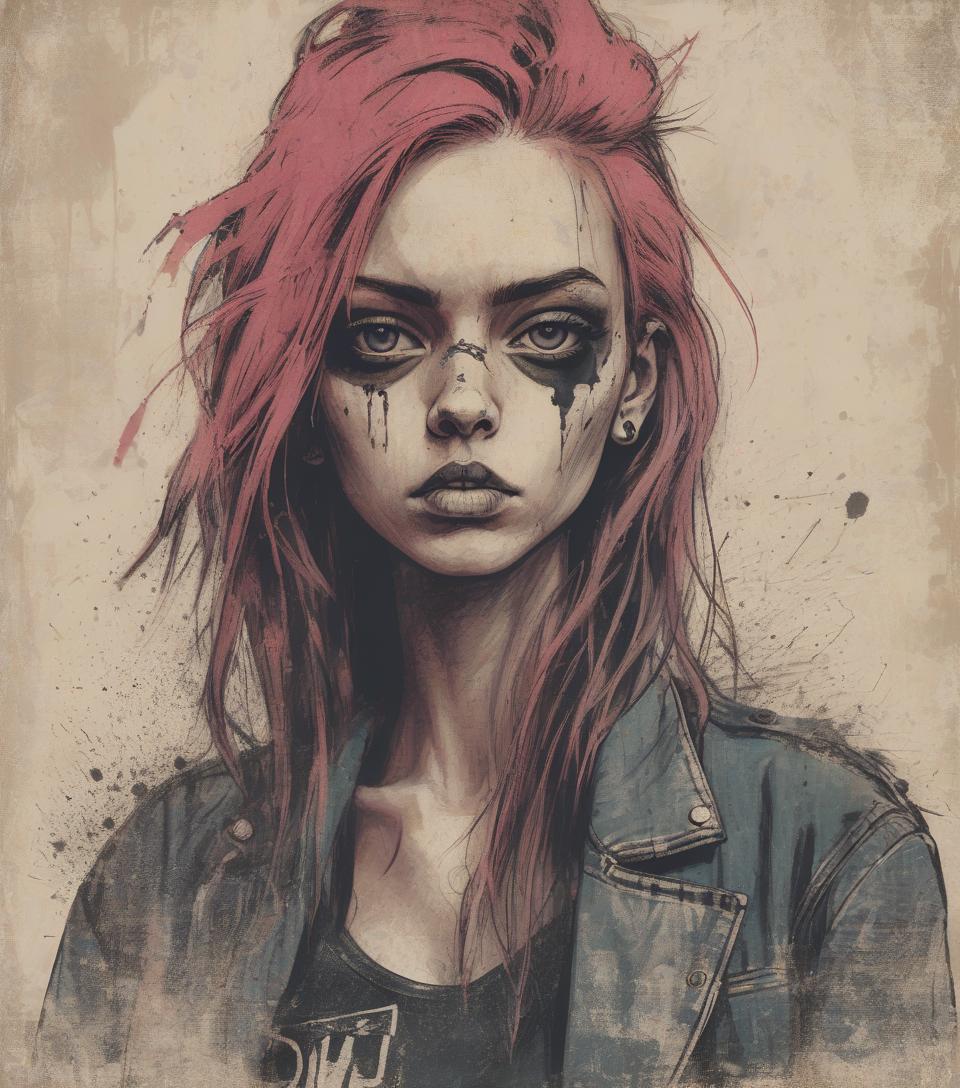  grunge style portrait drawing style . textured, distressed, vintage, edgy, punk rock vibe, dirty, noisy