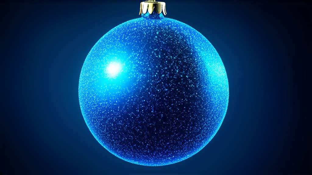  epic realistic, hyperdetailed, (cycles render:1.3), caustics, (glossy:0.58), (artstation:0.82),light blue sparkling christmas ball hanging on left side on dark blue background with glitters ar 16:9