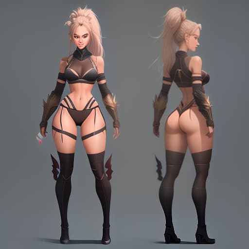  in full growth + highly detailed + girl + tanned skin + skinny + stockings + long legs + ponytail hair + a sly squint + smile + smirk + l(character, front, side and back views concept art) + artwork + colored + 8k + hdr hyperrealistic, full body, detailed clothing, highly detailed, cinematic lighting, stunningly beautiful, intricate, sharp focus, f/1. 8, 85mm, (centered image composition), (professionally color graded), ((bright soft diffused light)), volumetric fog, trending on instagram, trending on tumblr, HDR 4K, 8K