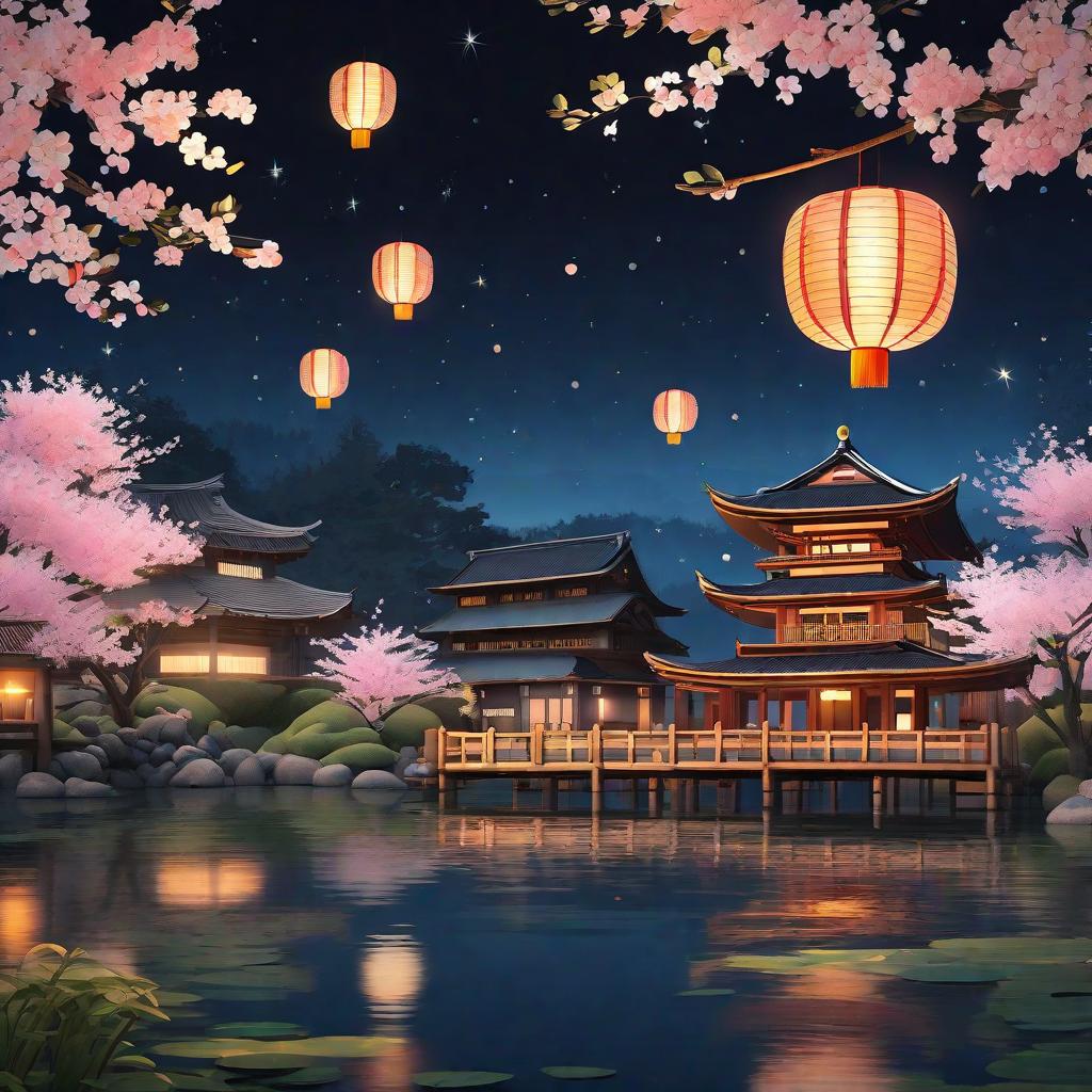  masterpiece, best quality, (Fidelity: 1.4), Best Quality, Masterpiece, Ultra High Resolution, 8k resolution, A night view inspired by Japanese art, featuring a garden illuminated by paper lanterns and a wooden bridge spanning a tranquil lake, by the lakeside, there is a small Zen temple. The water reflects the starry sky.