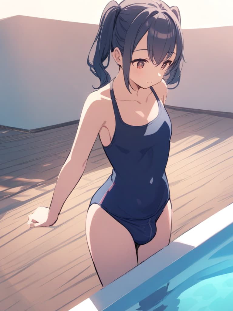  women's elementary students (male), twin tails, cute smiles, (rich s), short stature, dark blue swimwear, old swimwear, swimwear, simple, (upward), upward, (bulge), front, whole body, pool side ,,,