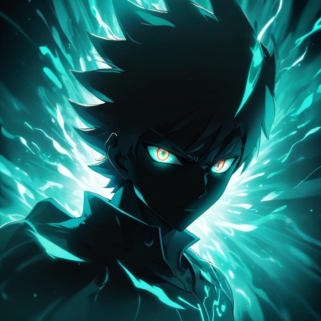  anime artwork a shadow of a man with glowing eyes, surrounded by a vibrant teal energy aura, dark anime style . anime style, key visual, vibrant, studio anime, highly detailed