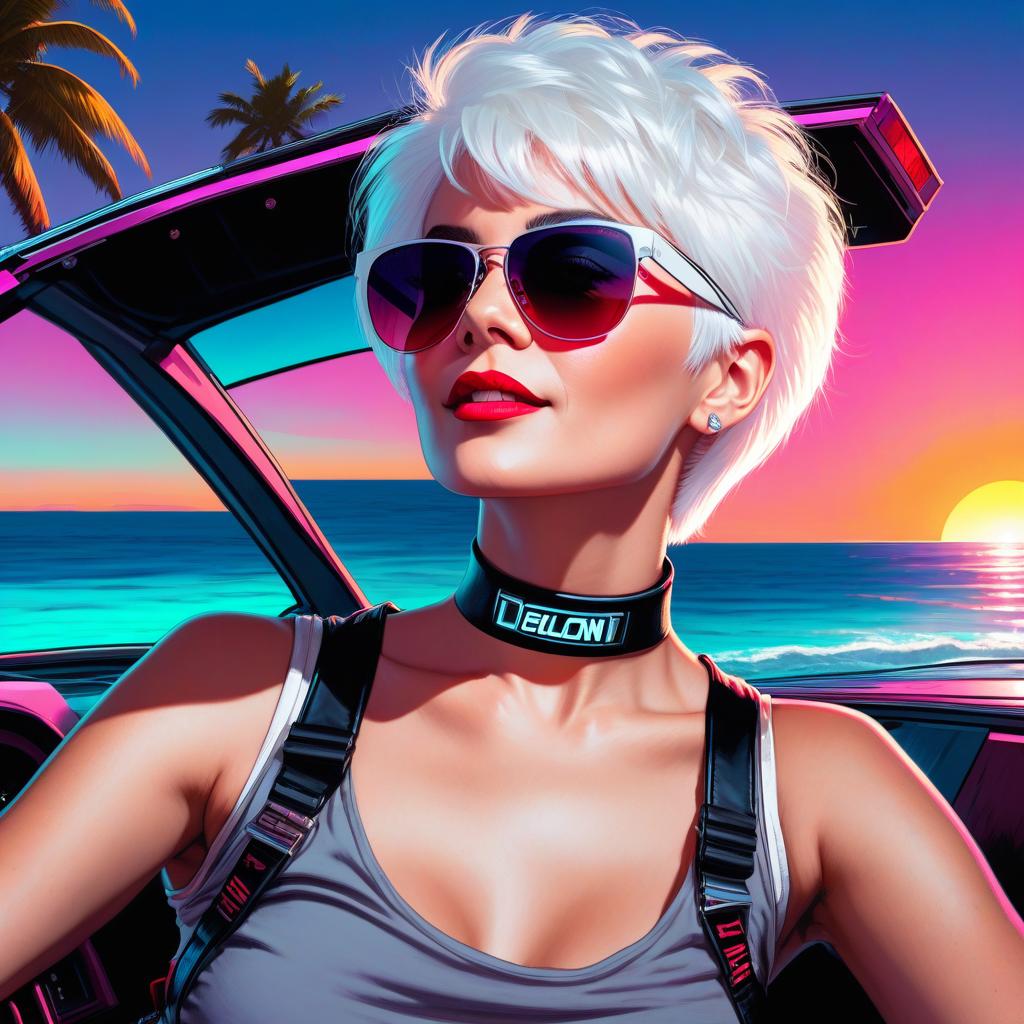  a woman with short white hair, a pixie haircut, sunglasses, a top t shirt, with a choker around her neck, sitting in the cabin of a delorean dmc 12 car. seaside, palm shade. neon sunset, neon inscription "neon cherry", digital photo, high detail, high realism.