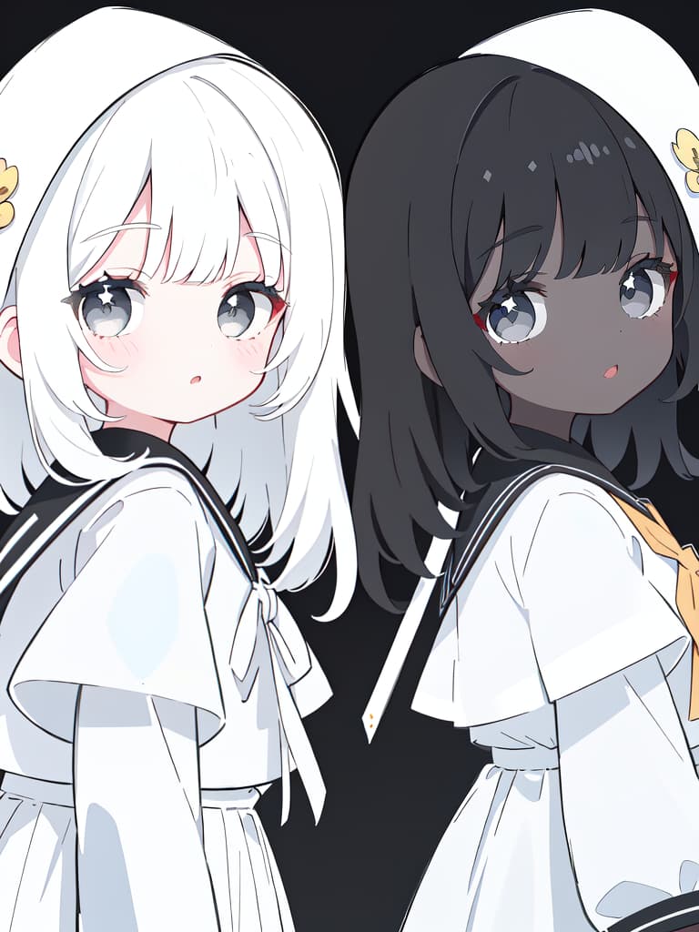  twin, two girls, black hair white eyes, white hair black eyes, sailor suit, lined up, masterpiece, best quality,8k,ultra detailed,high resolution,an extremely delicate and beautiful,hyper detail
