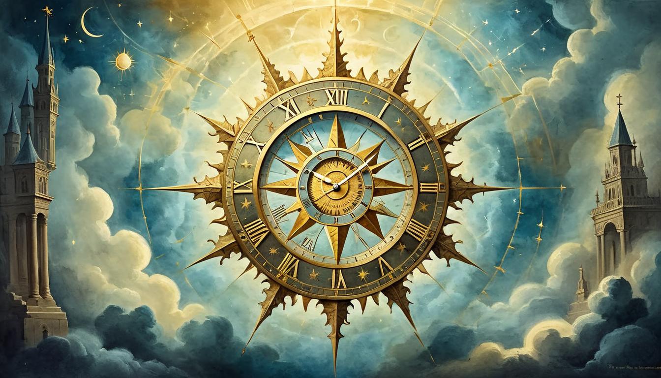  on parchment, surrealism+++, a celestial clock with golden beams radiating from the center, divine timing, perfect plan, ethereal(mysterious, provocative, symbolic,muted color)+++