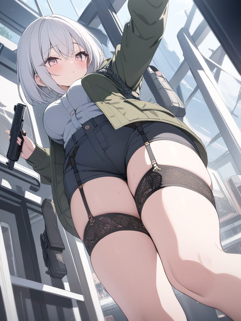  boys, garter belt, black mesh, white hair, short bob, energy, shorts, pistols, pistols, combat uniforms, combat uniforms, parka, handgun, shorts, cute, masterpiece, best quality,8k,ultra detailed,high resolution,an extremely delicate and beautiful,hyper detail