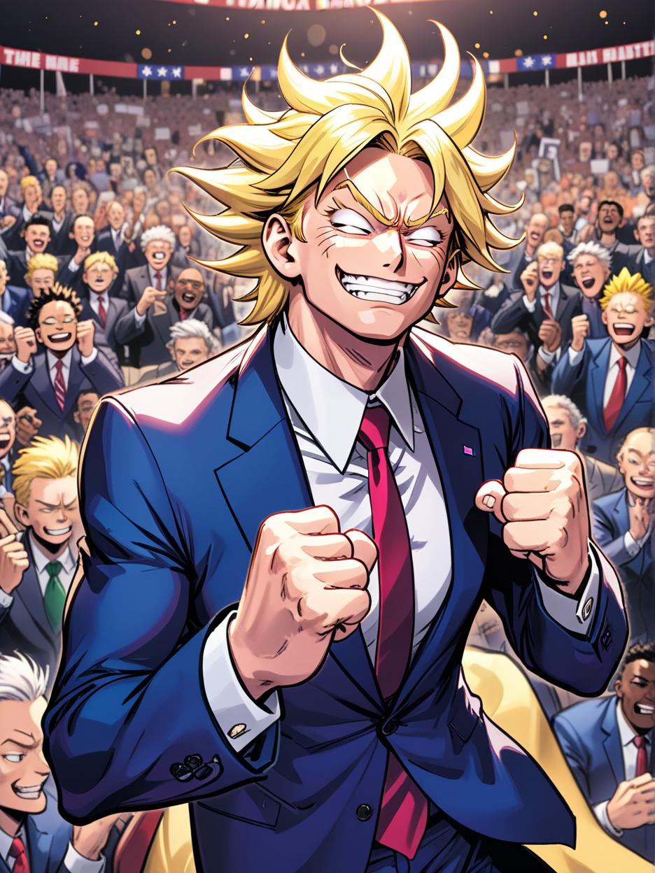  manga artwork generate me a picture of donald trump looking similar to all might from my hero academia anime but still in his suit talking while smiling to his supporters. manga artist. manga, highly emotional. best quality, high resolution