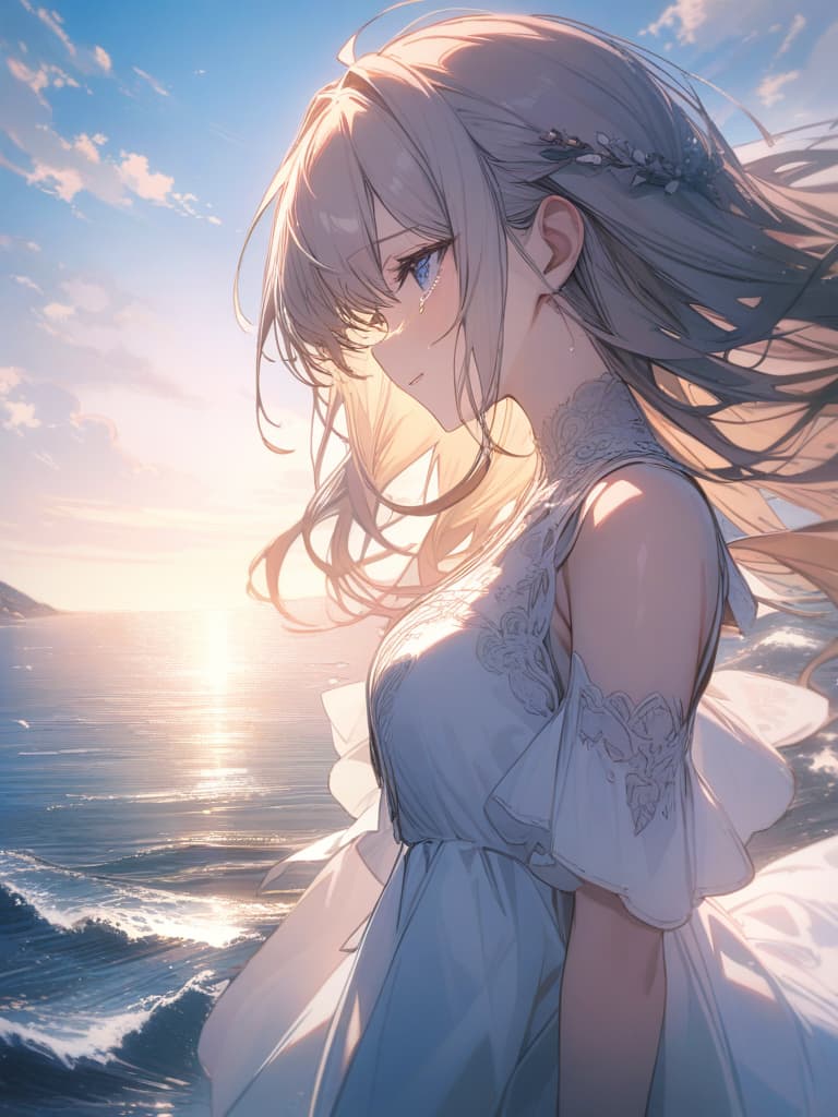  crying, , , wow, beige hair, blue eyes, tears, sea, white dress, masterpiece, best quality,8k,ultra detailed,high resolution,an extremely delicate and beautiful,hyper detail