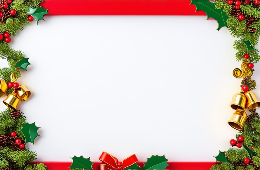  professional detailed photography, overhead view of a christmas style picture frame adorned with holly leaves red berries and golden bells featuring a festive red and green border isolated on a white background ar 3:2, (muted colors, dim colors, soothing tones), (vsco:0.3)