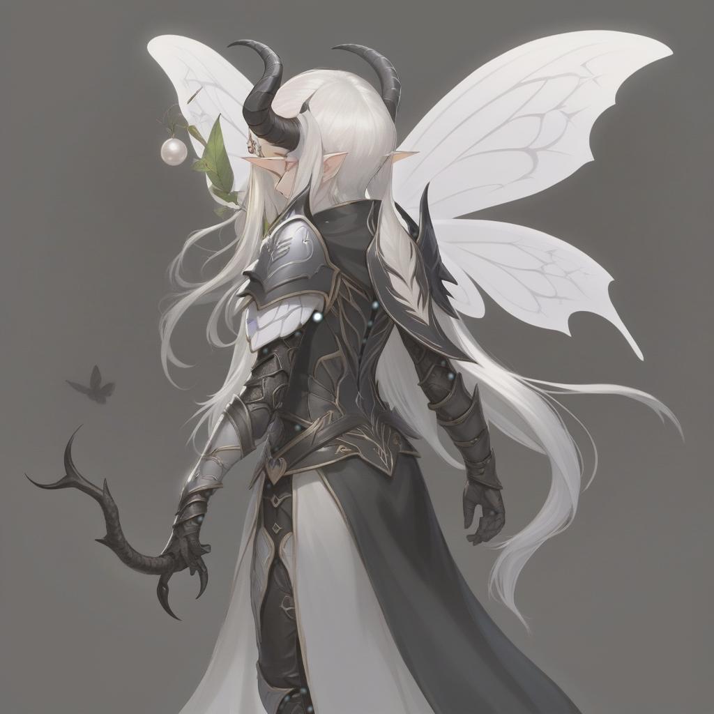  dnd, young , small black horns on the head, white skin, white hair, long hair in the tail, pointed elven ears, white wings of a moth from the back, black leather armor, pearl on the , hkmagic