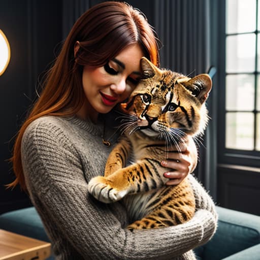  a big cat hugs a cute girl in the living room,pokemon hyperrealistic, full body, detailed clothing, highly detailed, cinematic lighting, stunningly beautiful, intricate, sharp focus, f/1. 8, 85mm, (centered image composition), (professionally color graded), ((bright soft diffused light)), volumetric fog, trending on instagram, trending on tumblr, HDR 4K, 8K