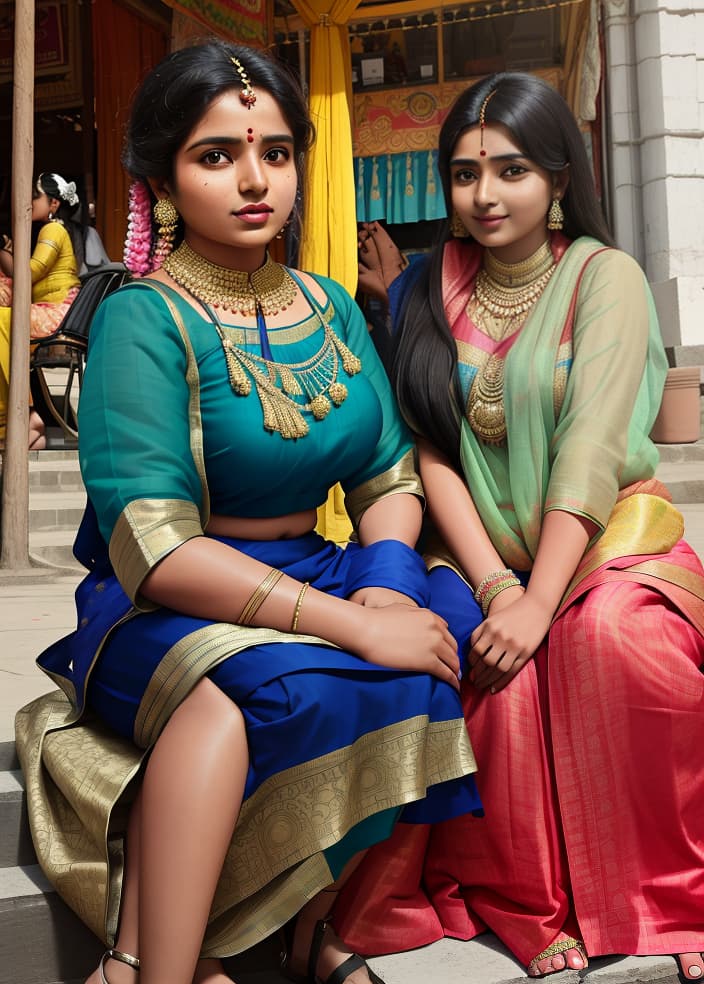  masterpiece, best quality, two indian women in saris sitting on the steps of an outdoor market area, a picture, reddit, movie stills, provocative indian, still from movie, beautiful curvy female, indian goddess, cute woman