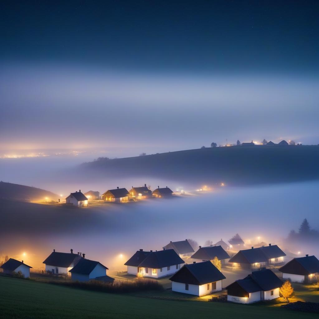  Village life in autumn: houses with smoke from chimneys, white fog over the village, stars are visible above the fog at dusk