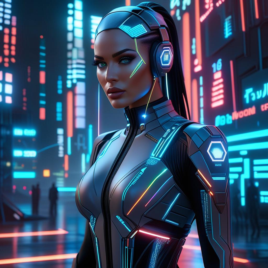  best quality, hd, a futuristic hacker with a sleek, tech enhanced outfit featuring neon circuitry and a holographic interface. the avatar should have an intense, focused expression and be surrounded by digital code and glowing data streams hyperrealistic, full body, detailed clothing, highly detailed, cinematic lighting, stunningly beautiful, intricate, sharp focus, f/1. 8, 85mm, (centered image composition), (professionally color graded), ((bright soft diffused light)), volumetric fog, trending on instagram, trending on tumblr, HDR 4K, 8K