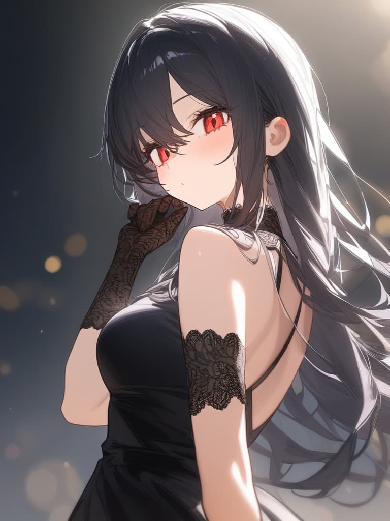  masterpiece,1girl,black hair,red eyes,long hair,slender,black dress,dress head,lace gloves,black lace,