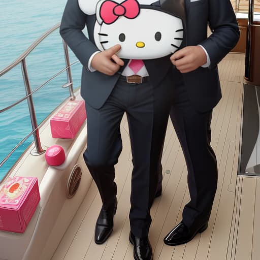  hello kitty dressed as a businessman who has a bundle of money in one hand and a cigar in the other, the whole composition on a yacht at sea