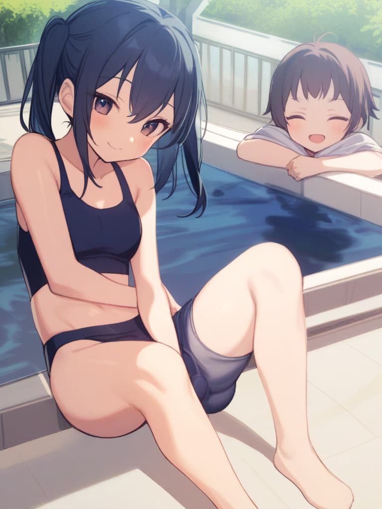  women's elementary students (male), twin tails, cute smiles, (rich s), low stature, dark blue swimwear, old swimwear, , simple (upward), male , (bulge), shaped clear , front , whole body, pool side,