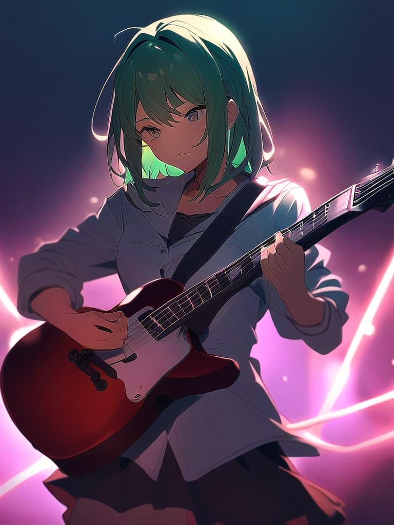  green hair,(((electric guitar playing:1.8)))