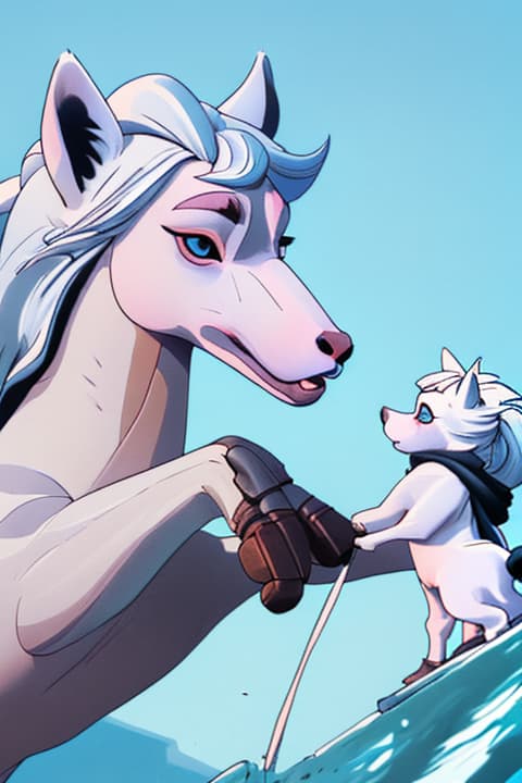  Anthropomorphic arctic fox with out, being ed in the ear by Big Mac the horse from My pony 